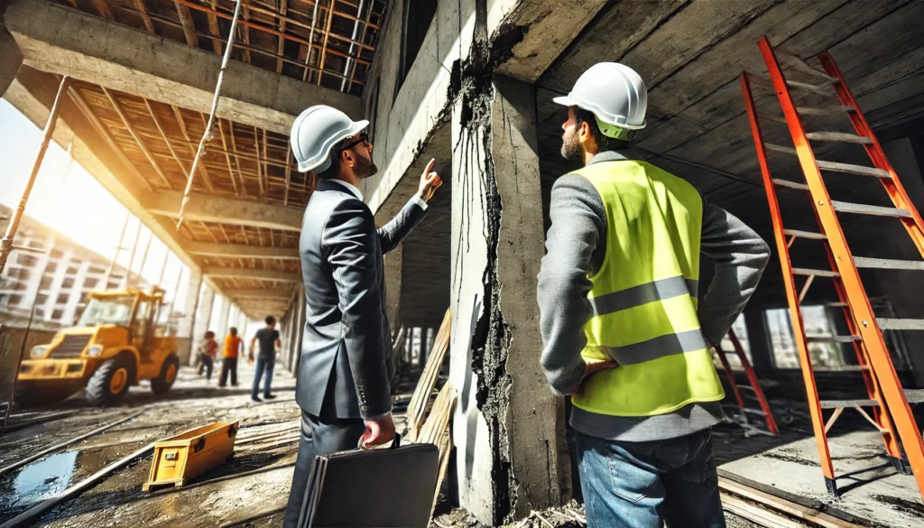 engineer showing defects on building to contractor