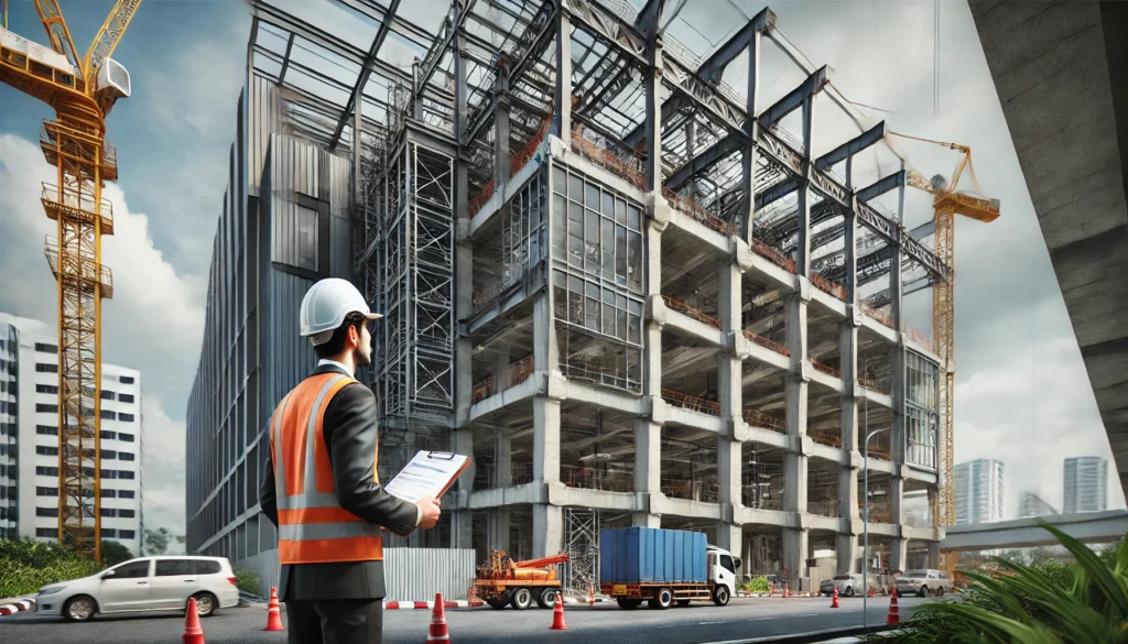 A building inspector in a hard hat inspecting structural beams and columns at a commercial property site in Malaysia