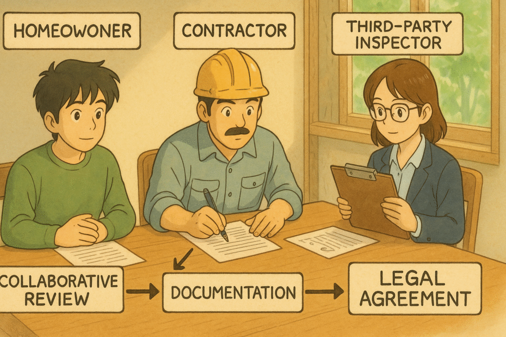 3D ultra HD flowchart of homeowner, contractor, and third‑party inspector collaborating through documentation, site inspections, and legal contract agreements.
