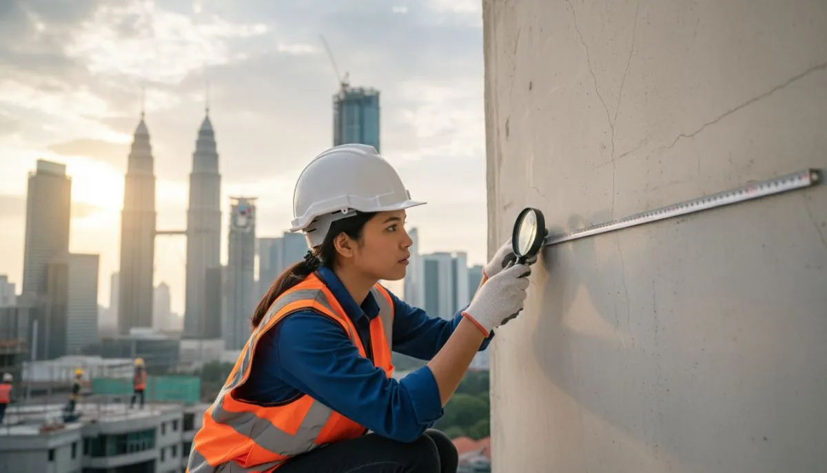 A professional Malaysian structural engineer in PPE hardhat and safety vest inspecting a crack on a newly built modern high-rise condominium wall in Kuala Lumpur, with the iconic KL skyline blurred in the background