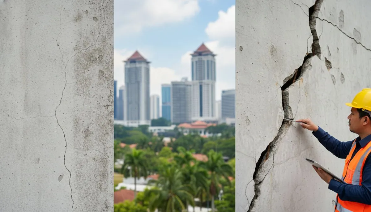 A close-up comparison view of concrete building defects showing a hairline surface crack next to a severe diagonal structural crack, illustrating building inspection work in Malaysia