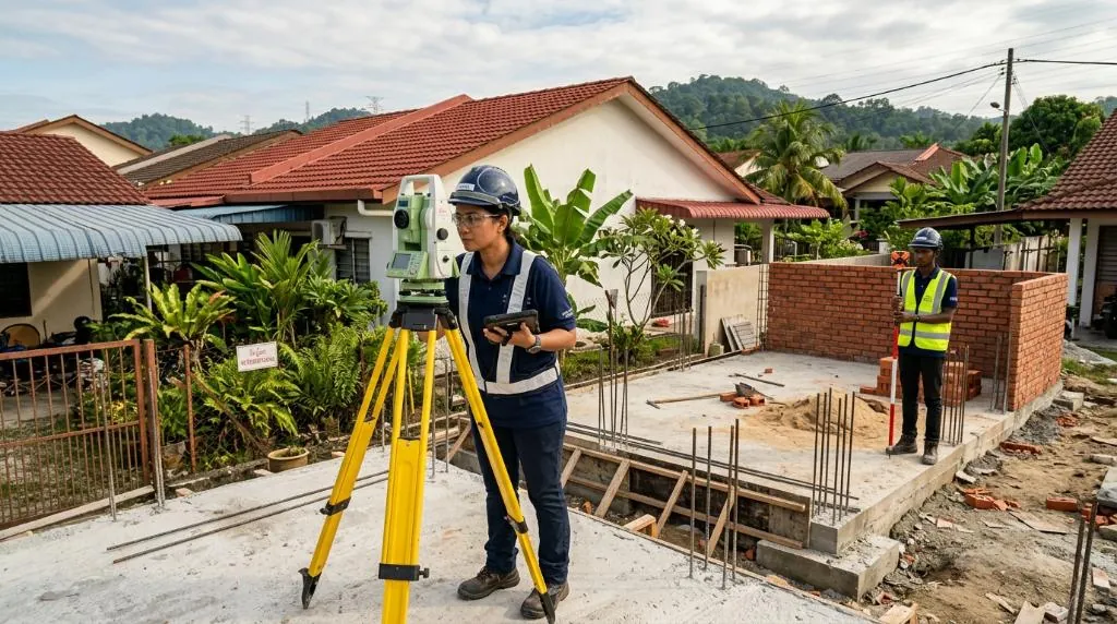 A professional engineer from Pro Inspect Solution conducting an as-built survey for a residential extension in Selangor, Malaysia.