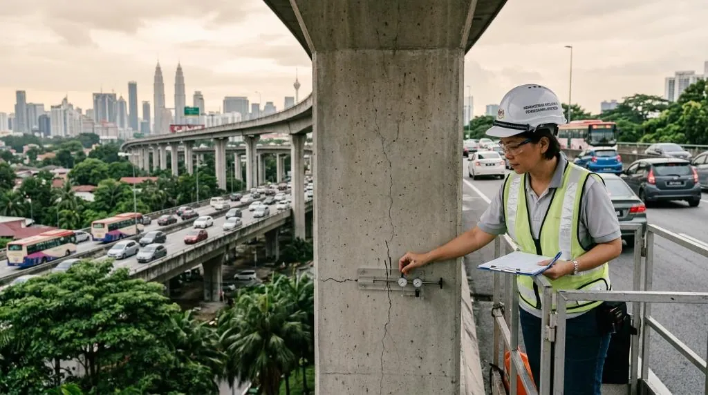 Professional civil engineer conducting a structural integrity inspection on an elevated Malaysian highway bridge pier, highlighting concrete crack monitoring gauges in a tropical urban setting