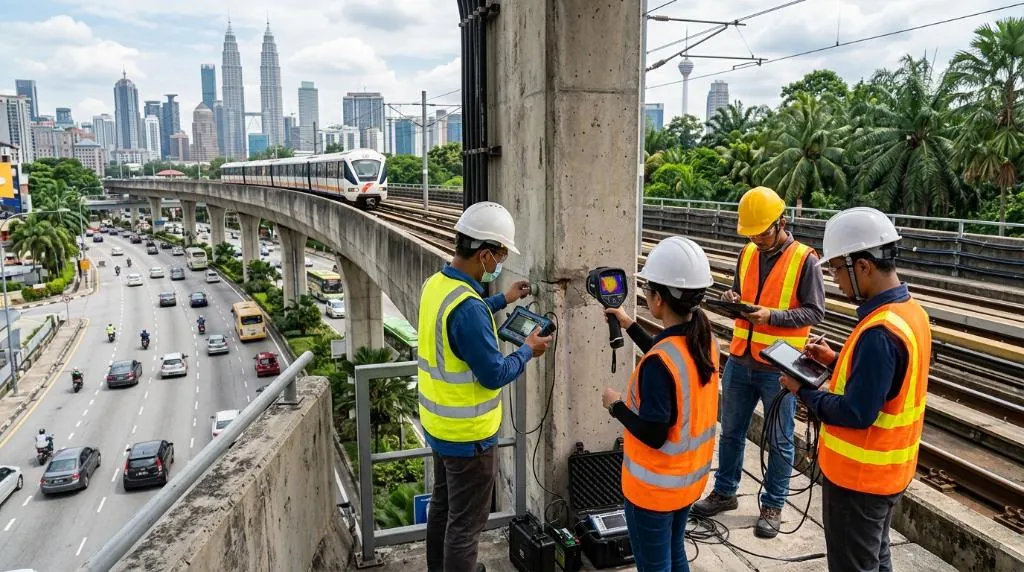 Civil engineering team using ultrasonic pulse velocity testing and thermal imaging equipment to audit an elevated LRT rail viaduct in Malaysia