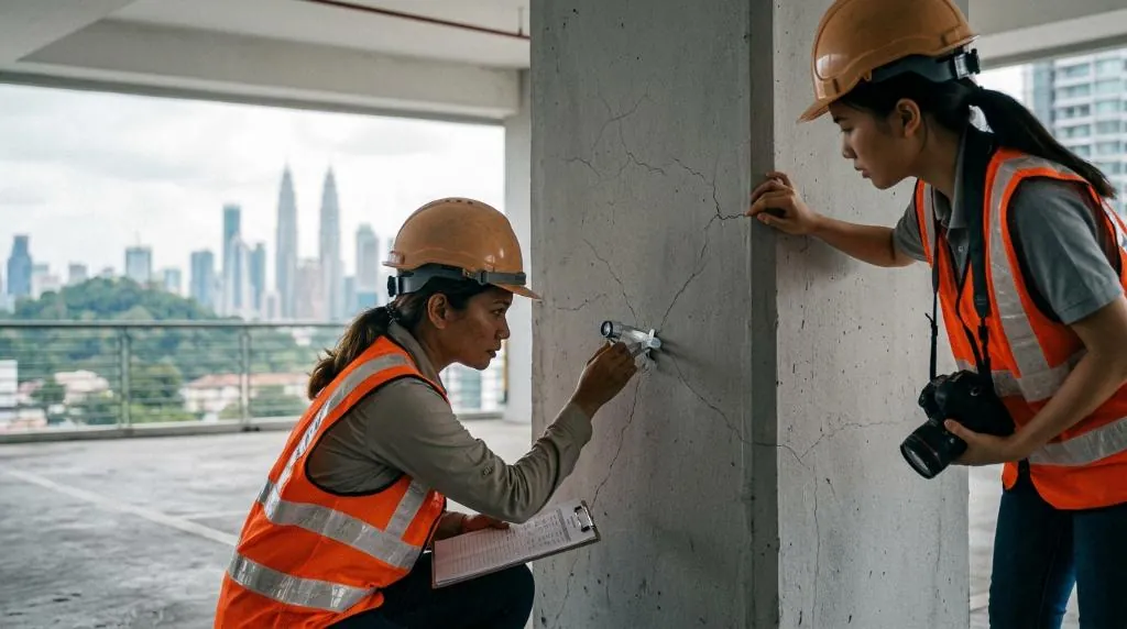 Structural engineer conducting a visual crack inspection on a high-rise concrete column post-tremor