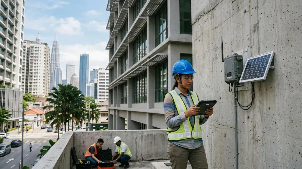 Structural health monitoring sensor installed on a building's primary shear wall