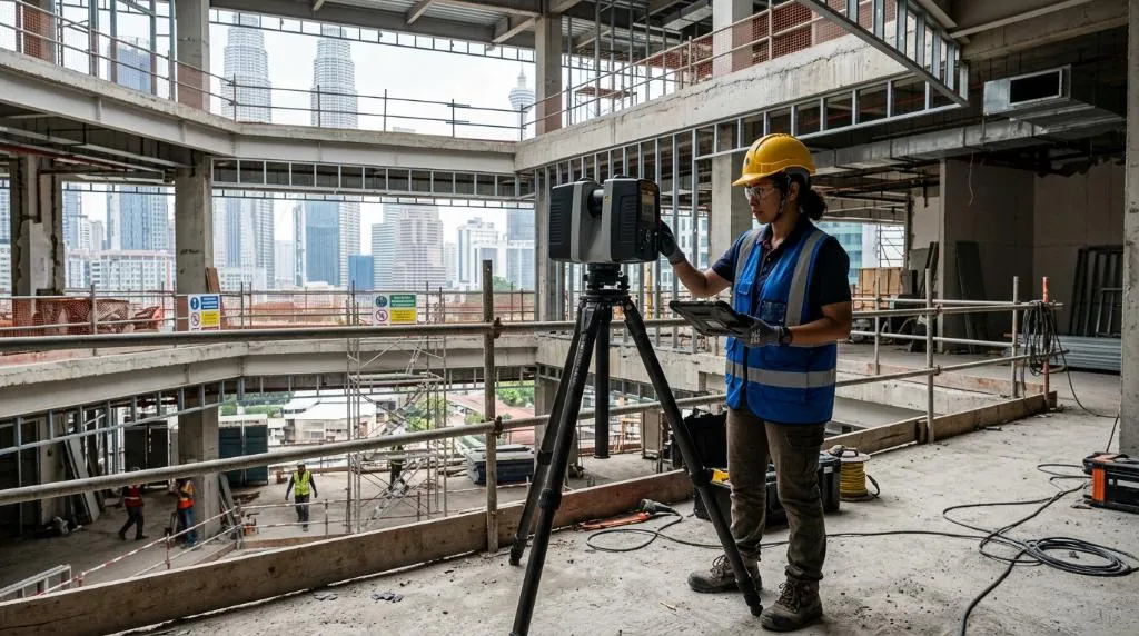 A professional surveyor in a safety helmet and high-visibility vest operating a high-precision terrestrial 3D laser scanner mounted on a heavy-duty tripod inside a multi-story Malaysian commercial complex undergoing structural renovation in Kuala Lumpur