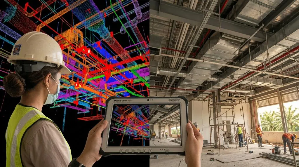A split-view engineering display comparing a multi-colored 3D BIM point cloud clash analysis model against real-world mechanical and electrical ducting inside an industrial building ceiling in Selangor, Malaysia