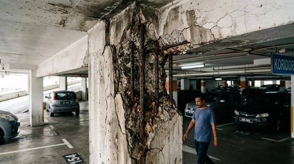 Close-up of spalling concrete and exposed rebar in a Malaysian condominium parking garage, demonstrating structural building defects.