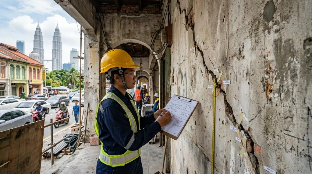 A professional engineer in a safety helmet conducting a dilapidation survey on a cracked load-bearing wall, referring to structural repair specifications on a clipboard.