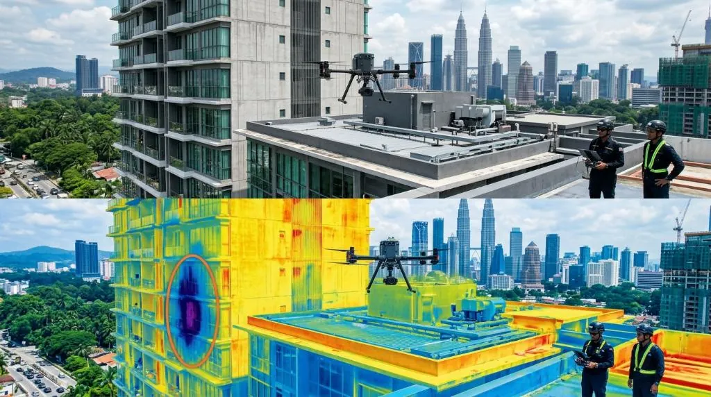 A thermal drone inspecting the roof and facade of a high-rise condominium in Kuala Lumpur, showing a split-screen of visual and thermal imaging overlay highlighting a concealed moisture pocket.