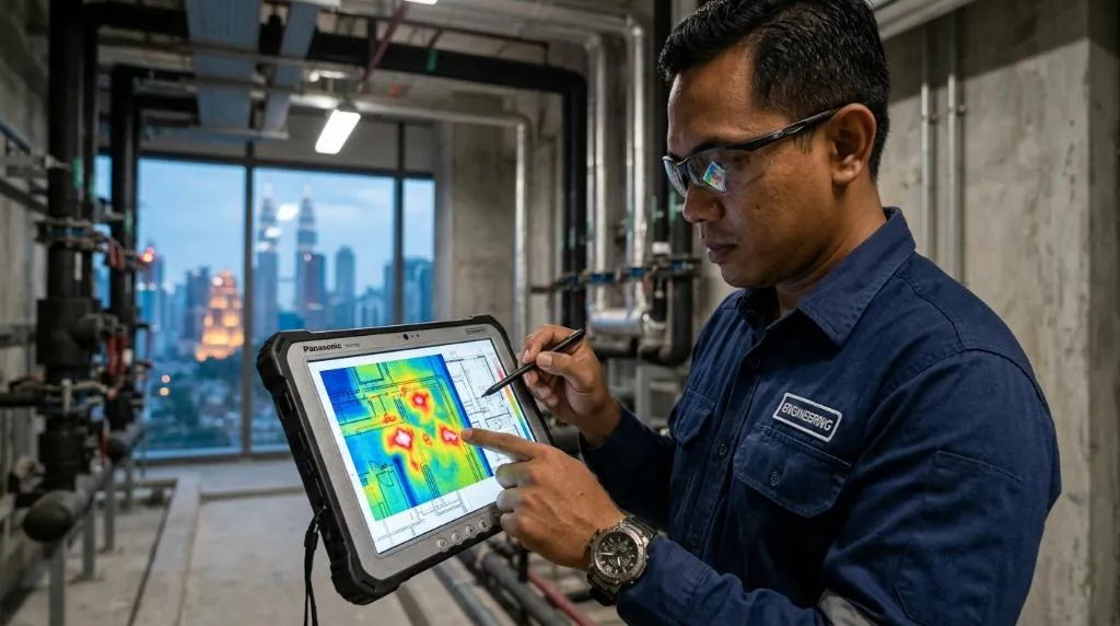 Close up of an engineer reviewing thermal imaging leak detection data on an industrial tablet, highlighting the Delta-T moisture intrusion points against a building schematic.