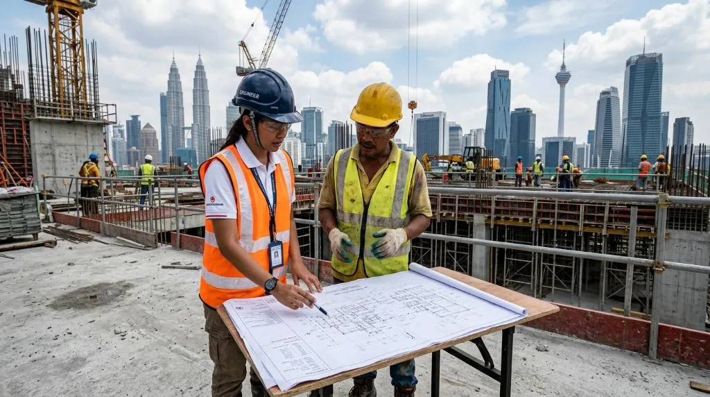 A professional Malaysian engineer and a skilled local construction worker examining a structural building plan on a modern construction site