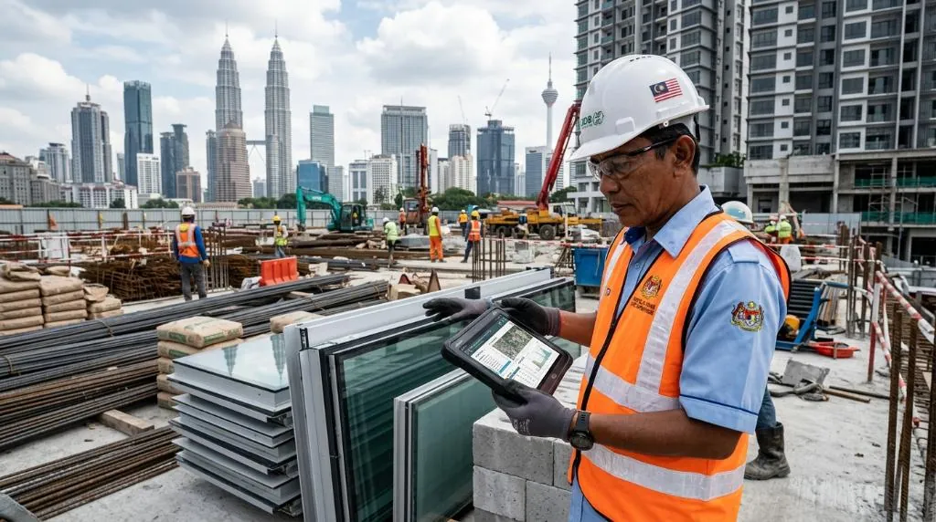 A formal CIDB construction site supervisor inspecting digital construction tech data on a rugged tablet alongside modern building materials