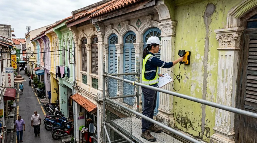 Professional structural engineer inspecting a historic Malaysian shophouse facade in Penang using non-destructive testing tools