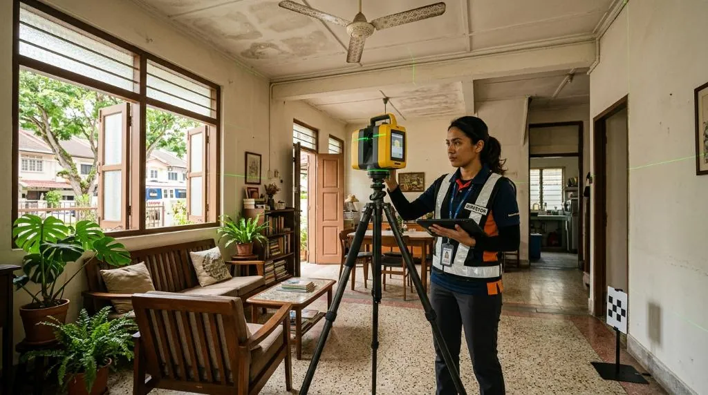 Professional engineering surveyor using a high-precision digital laser scanner to map an existing terrace house interior layout in Kuala Lumpur for 2D AutoCAD drawing preparation