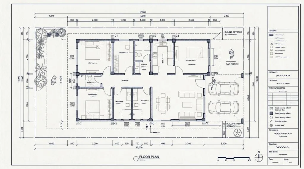 Detailed 2D AutoCAD floor plan layout displaying architectural dimensions, wall thickness, load-bearing column tags, and local council setback measurements