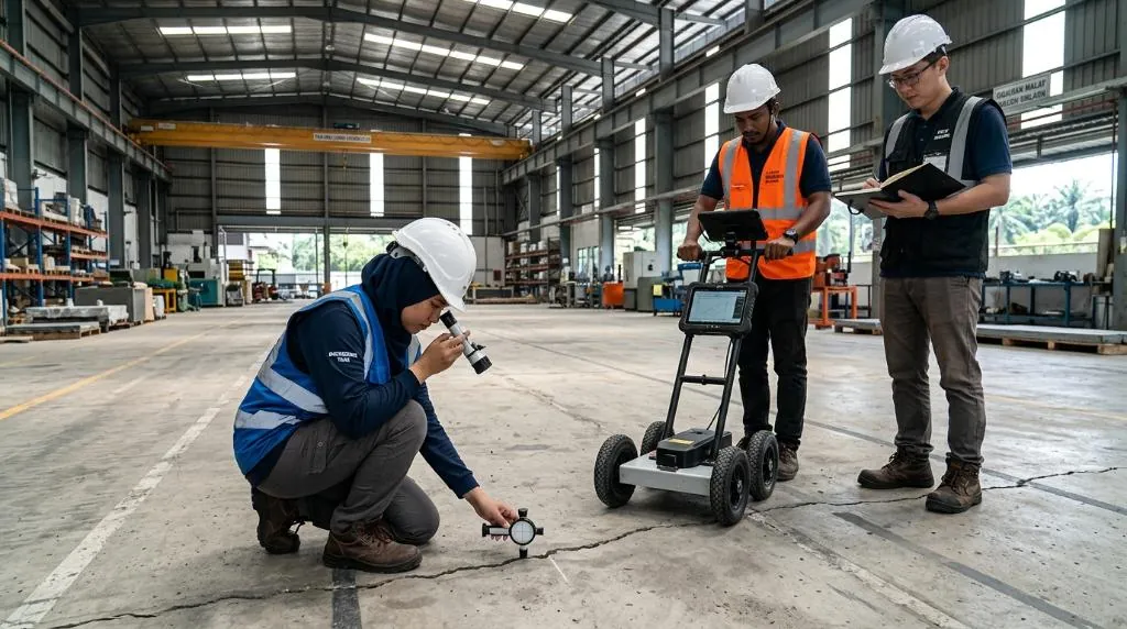 Professional engineering team measuring crack width on a factory floor slab in Shah Alam using an optical crack comparator gauge and TR34 floor scanner