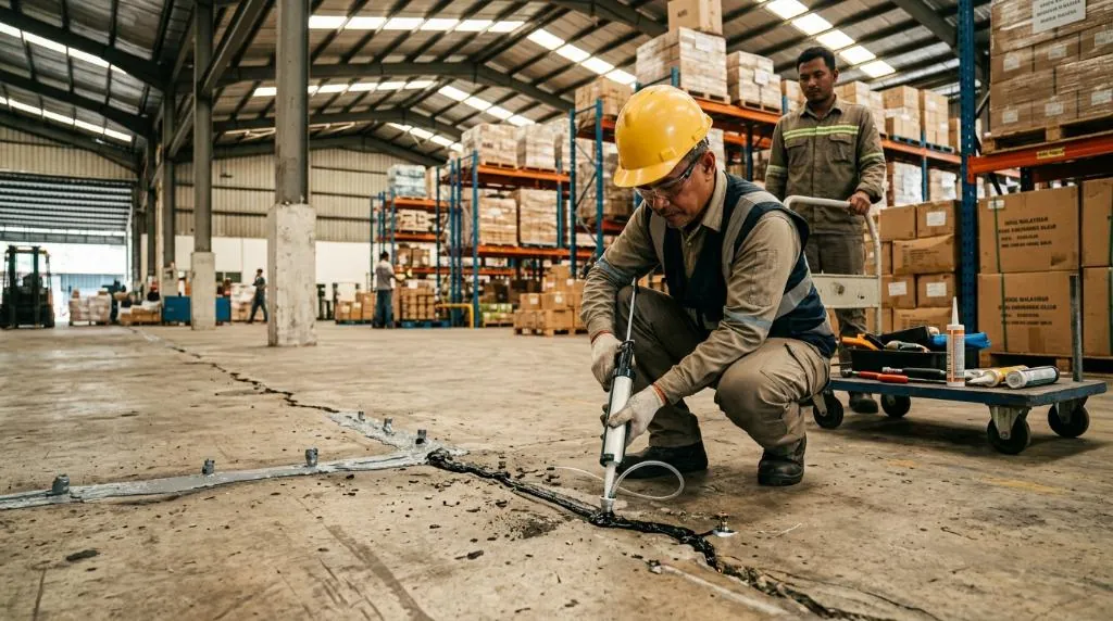 Structural engineer applying epoxy resin injection and polyurea sealant to repair an industrial concrete slab crack in a Klang Valley warehouse