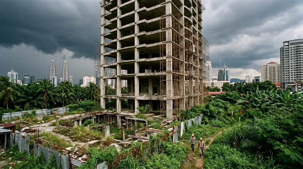 A towering, unfinished concrete building skeleton in Kuala Lumpur, surrounded by overgrown vegetation and weathered scaffolding under a stormy Malaysian sky.