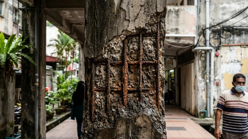 Close-up of spalled concrete on an exposed structural column, showing heavily rusted reinforcing steel bars indicative of severe carbonation and structural decay.