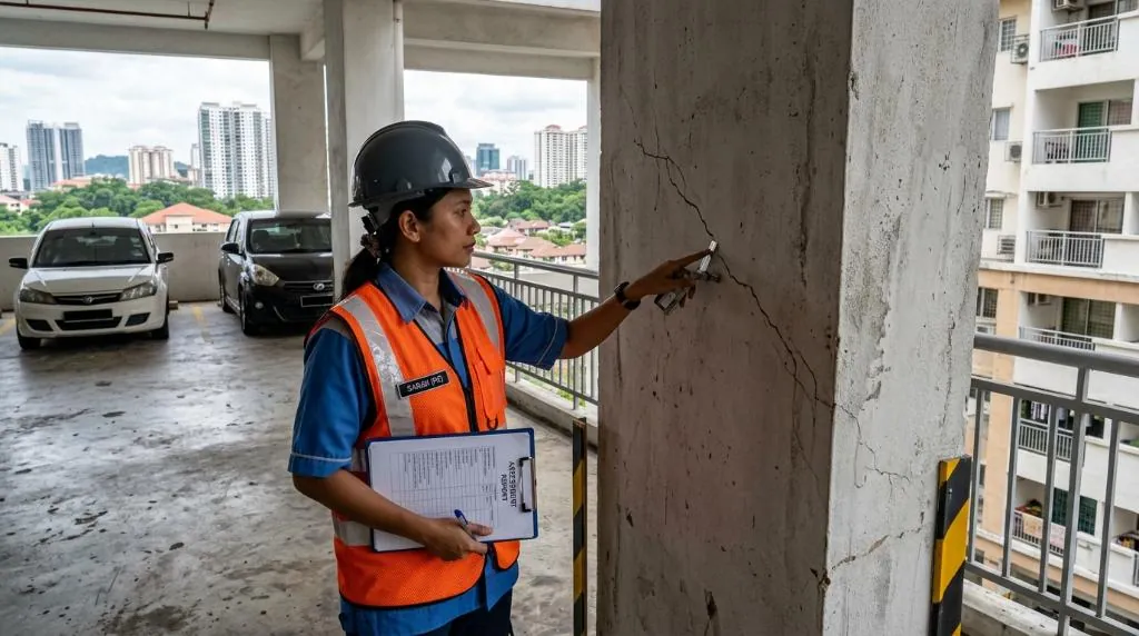 A professional engineer conducting a structural defect assessment in a Malaysian condominium, pointing at a concrete shear wall crack.