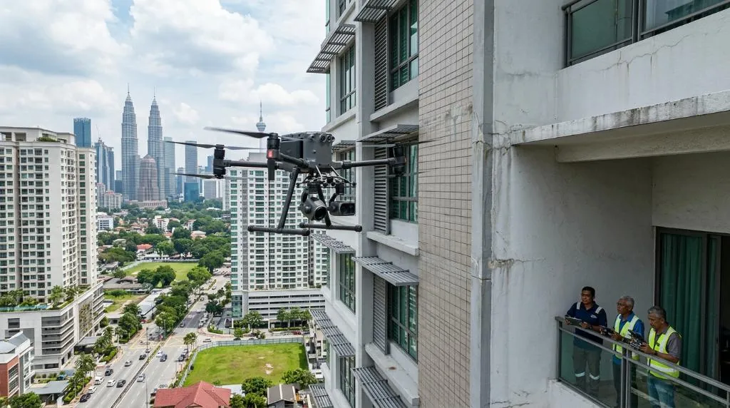 Drone inspecting a high-rise condo façade for water seepage and structural issues in Kuala Lumpur.