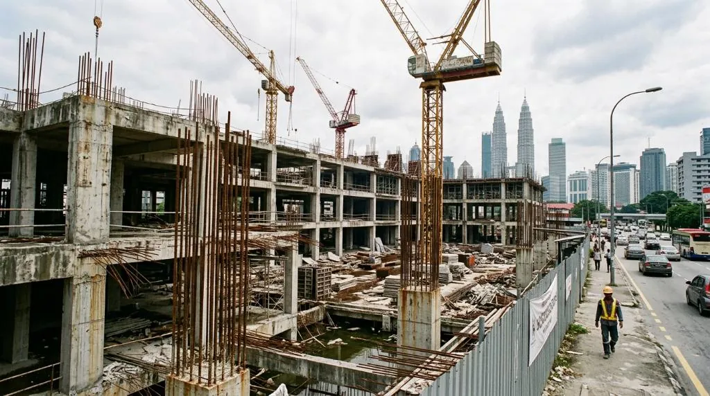 A stalled construction site in Kuala Lumpur highlighting the impact of a sick project, with exposed rusted rebars and halted tower cranes.