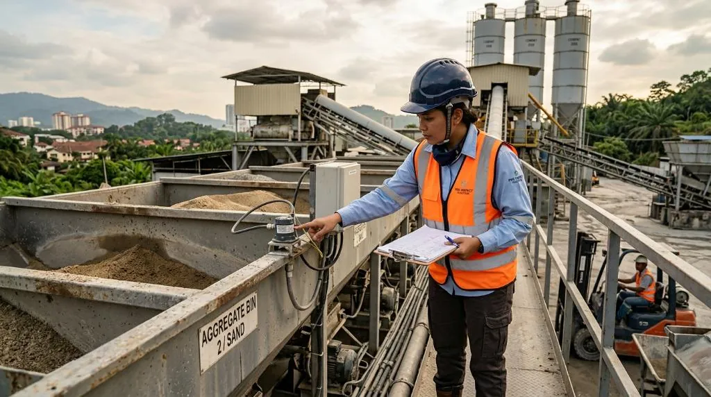 A professional civil engineer from Pro Inspect Solution conducting a concrete plant audit, inspecting batching equipment and moisture sensors.