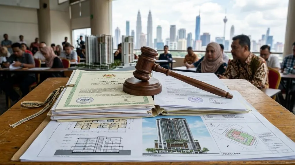 A professional auction gavel resting on a stack of Malaysian legal property documents and building blueprints