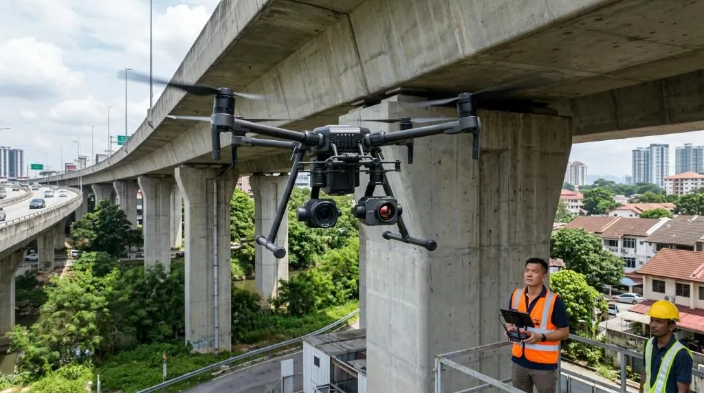 Professional enterprise drone equipped with dual optical and radiometric thermal sensors conducting an aerial bridge pier and soffit inspection beneath a major Malaysian elevated concrete highway flyover