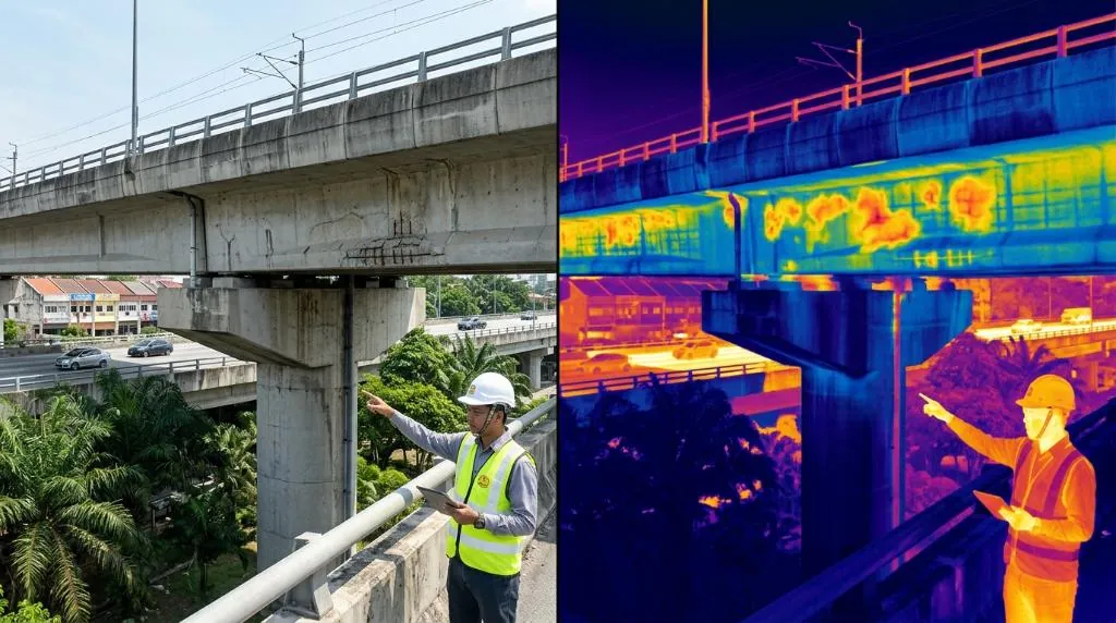 Split-screen engineering diagram comparing visible 4K optical capture with an infrared false-color thermal scan showing concrete delamination on an elevated bridge girder