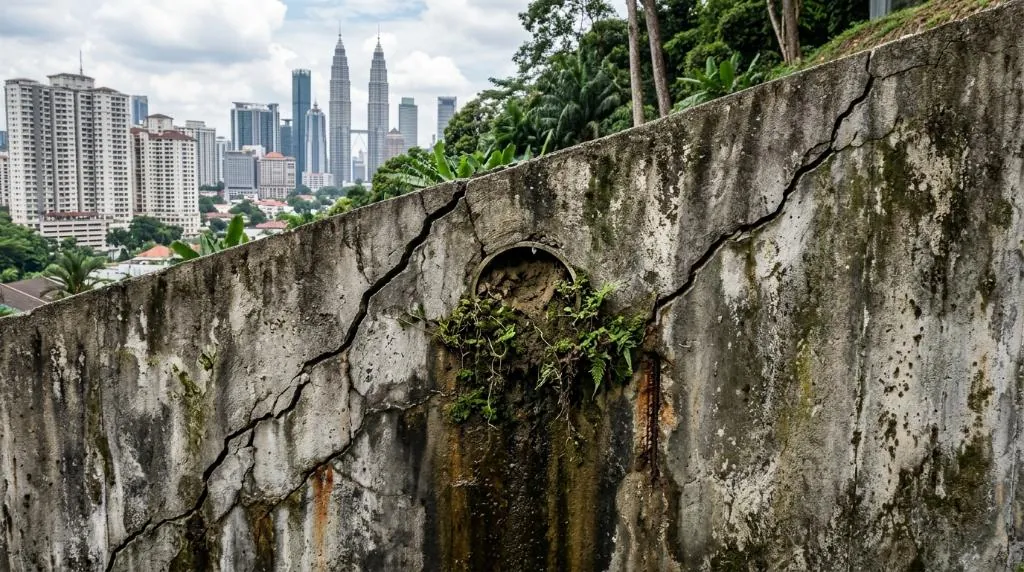 Close-up of a retaining wall in Kuala Lumpur showing diagonal tension cracks and blocked weep holes, early indicators of structural defects