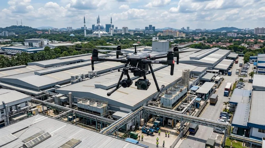 A professional industrial multirotor drone equipped with dual optical zoom and FLIR thermal sensor hovering over a sprawling industrial factory roof in Shah Alam, Selangor, capturing orthomosaic surface data under tropical Malaysian skies without scaffolding