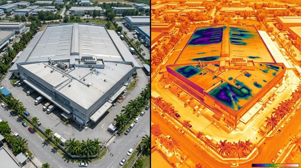 A high-precision side-by-side aerial orthomosaic mapping of a Malaysian commercial warehouse roof, displaying a crystal-clear 4K visual photo on the left and a color-coded radiometric thermal thermogram on the right identifying water entrapment under the membrane