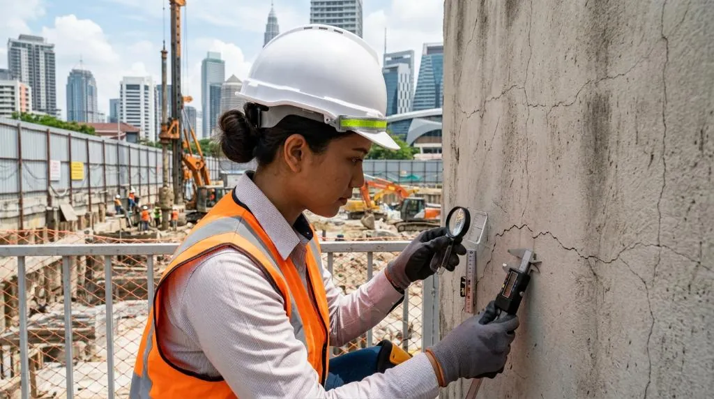 A licensed Malaysian civil engineer using an optical crack width gauge and digital callipers to document hairline shear fissures on an existing reinforced concrete boundary wall adjacent to an urban deep basement piling site in Kuala Lumpur, bright natural daylight, technical engineering inspection context without text or logos