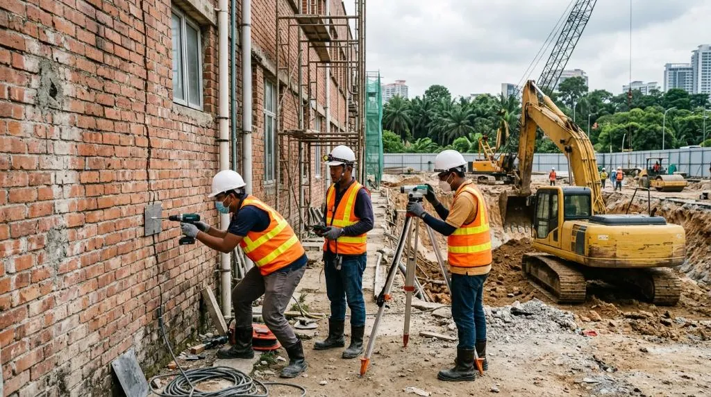 Professional engineering surveyors in safety vests and hard hats installing precision telltale crack monitoring plates and optical settlement survey markers on a commercial brickwork facade in Selangor near heavy civil excavation machinery, realistic Malaysian construction site setting without text or logos